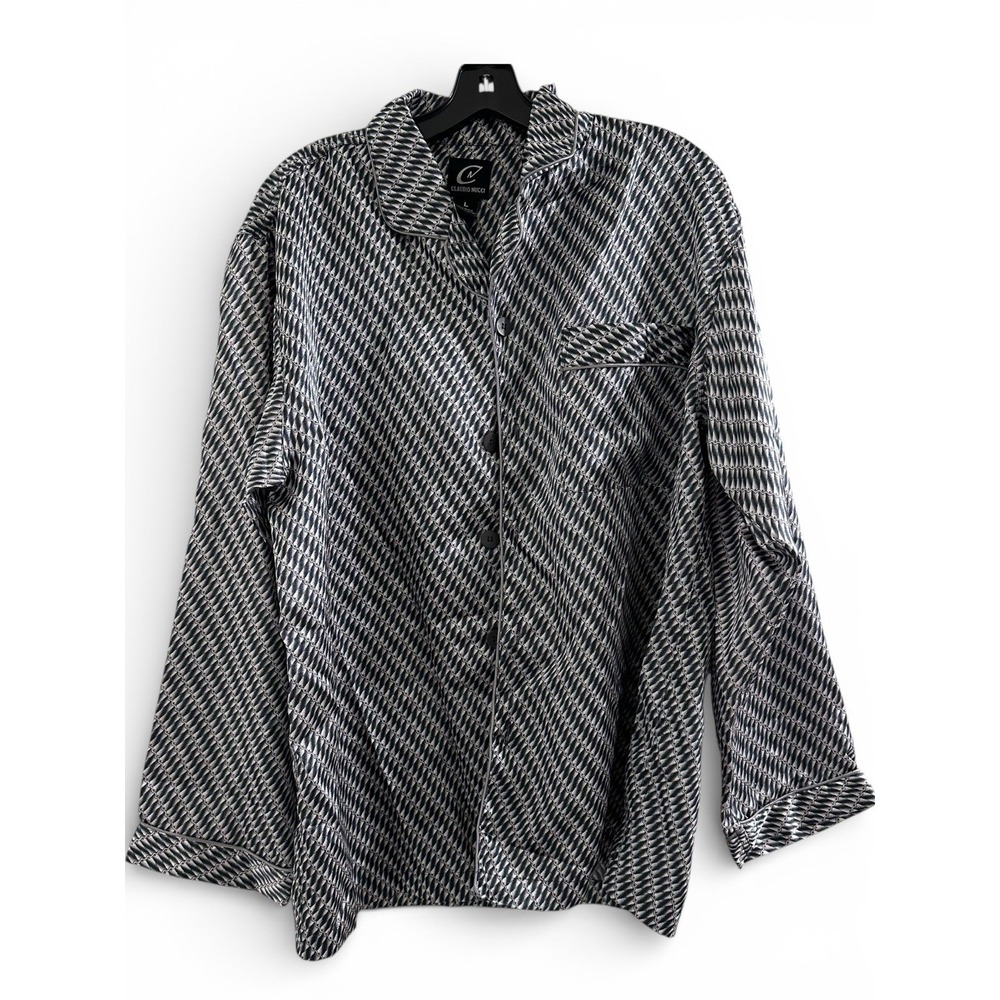 Claudio Nucci Men's Lounge Shirt L Black‎ White Button Front Ramie Pajama Top